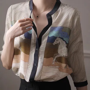 Fashion Forår Sommer Kvinder Shirts Elegant fransk Stil Chiffon Bluser Zebra Stand-Up Krave Print Løse Toppe Blusas MM0535