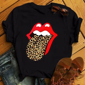 Fashion T-shirts Spoof Læber Leopard Grafisk T-Shirt Kvinder Toppe Sort Rund Hals t-Shirts Kys Leopard Læbe Sjove Piger Tshirt