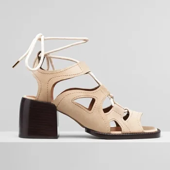 Fashion-lace-up-romerske sko kvinde sandaler i ægte læder sommeren høje hæle sexet åben tå brun party kjole afslappet ankel støvler