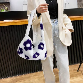 Faux Fur Tasker Kvinder Mini Taske Fritid Håndtasker Underarm Smarte Bløde Korean Style Retro Shopping Harajuku Plys-Blomst Tote Taske