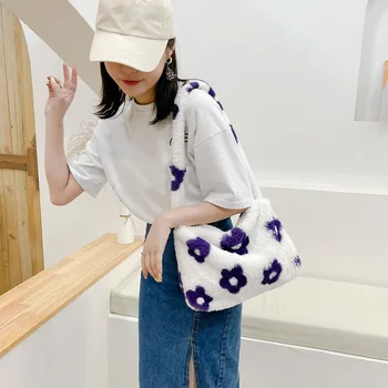 Faux Fur Tasker Kvinder Mini Taske Fritid Håndtasker Underarm Smarte Bløde Korean Style Retro Shopping Harajuku Plys-Blomst Tote Taske