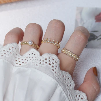 Fine Smykker 14K Forgyldt Justerbar Crystal Ringe til Kvinder Enkle Stil Pearl Wave forlovelsesringe Sæt