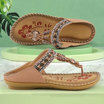 Flade sandaler til kvinder sko, Sandaler, Klip-Klappere Blødt Metal dekoration Rhinestone etnisk stil Elastik Sommer sandaler 2021