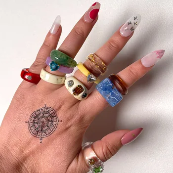 Flatfoosie Mode Kreative Farverige Akryl Harpiks Ringe koreanske Geometrisk Runde, Firkantede Ringe til Kvinder, Piger Smykker Gave