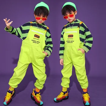 Fluorescerende Grønne Overalls Tøj Sæt Stribede Trøjer Hip-Hop Dans Kostumer Piger Drenge Foråret Udstyr 6 8 10 12 14 16 År