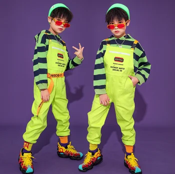 Fluorescerende Grønne Overalls Tøj Sæt Stribede Trøjer Hip-Hop Dans Kostumer Piger Drenge Foråret Udstyr 6 8 10 12 14 16 År