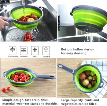 Foldbare silikone, mad beholder sigte dørslag afløb kurv, frugter og grøntsager med håndtag strainer køkken tilbehør