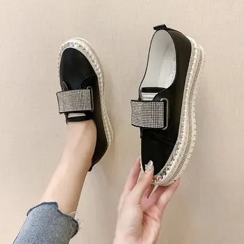 Foråret 2021 nye luksus krystal krog og løkke rund tå flade sko kvinder er chunky sål casual alle-match rhinestone kvinders sko