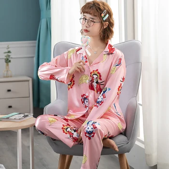 Foråret Efteråret Is Silke Kvinder Nattøj Faux Silke Satin Pyjamas Sæt Tynde Åndbart Pyjamas Løs Plus Størrelse M-5XL Bukser Passer