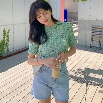 Foråret og sommeren korte sød koreanske strik trøje med korte ærmer sexet T-shirt enkel koreansk stil
