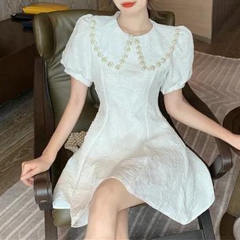 Fransk, Elegant Mini Kjole Kvinder Casual Korte Ærmer Vintage Elegant Kjole Kvindelige Perle Dresign Et Stykke Klæde Koreansk Office Lady