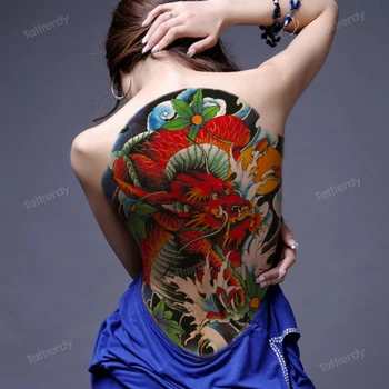 Fuld back Midlertidige tatoveringer store sexet body art falske tatoveringer kraniet karper fisk lotus dragon mærkat tatoveringer for kvinder, mænd, piger