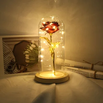 Fødselsdag Gave Smukt Bevaret Steg Blomst LED Lys med Glas låg Træ-Base Valentinsdag Bryllup Gave
