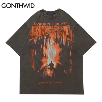 GONTHWID Oversize t-shirts Nødlidende Punk Rock Gotiske Kort Ærme t-Shirts Shirts, Casual Mode Harajuku Bomuld Streetwear Toppe
