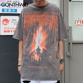 GONTHWID Oversize t-shirts Nødlidende Punk Rock Gotiske Kort Ærme t-Shirts Shirts, Casual Mode Harajuku Bomuld Streetwear Toppe