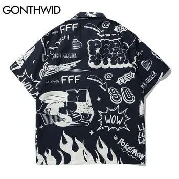 GONTHWID Shirts, Jakker, Streetwear, Sjove Graffiti Tegnefilm Print Skjorte Hip Hop Harajuku Sommer Mode-Knappen t-shirts Toppe