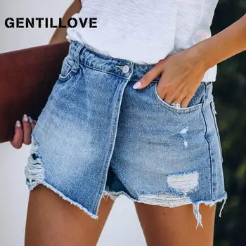 Gentillove 2021 Kvinder Mini Nederdel Med Høj Talje Nødlidende Hul Bunde Sommeren Rippet Slim Denim Shorts Casual Basic Vintage Lomme