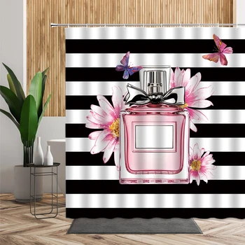 Girly Badeværelse Badeforhæng Pink Vintage-Parfume Flaske Blomster Butterfly Home Decor Mode Moderne Trykte Stof Bad Gardin
