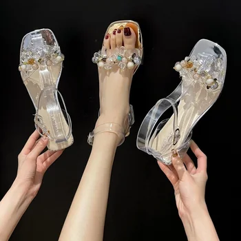 Gladiator Sandaler Kvinder PVC Transparent Høje Hæle Sandaler Krystal Mode Ét ord Rhinestone Spænde Strengen Perle Høje Hæle