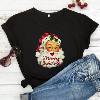 Glædelig Jul Santa Farvet Print T-shirt i Retro Kvinder Grafisk Ferie Gave Tshirt Sjove Vinter Ferie Top t-Shirt