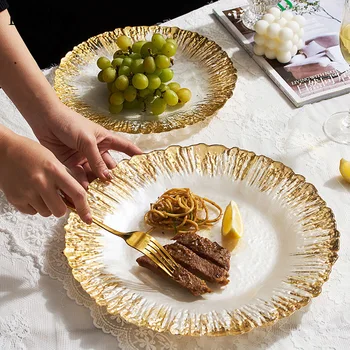Golden Glasplader Dekorative Europæiske Vintage Crystal Steak, Pasta Middagstallerken Kage Dessert Skål, Der Serverer Skuffe Hjem Dekoration