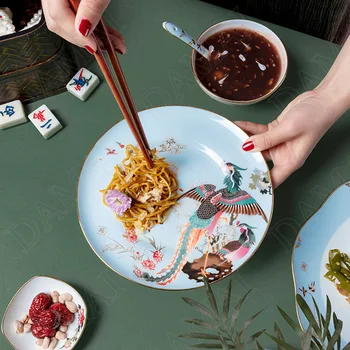 Golden Slagtilfælde Keramik Plade Kinesisk Stil Spisebord Hovedret Skål Malet Salat Dishs Hundrede Fugl Chaofeng Service Sæt