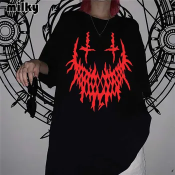 Gothic Grafiske T-shirts Harajuku Løs Kort Ærme Black Toppe-t-stykkerne Grunge Sommer Plus Size Kvinder T-Shirts Vintage Punk Tøj