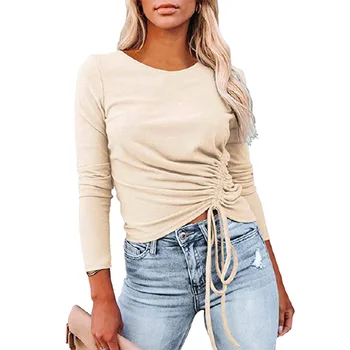 Grundlæggende Solid Farve Rynkning langærmet T-Shirt til Kvinder Tøj Mode Kontor Dame Slank Plus Size Top t-Shirt Afslappet Tunika