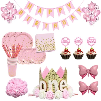Guld Pink engangsservice Sæt Papir Plader Cup Serviet Baby 1st Birthday Party Indretning Baby Brusebad Pige Part Forsyninger Ballon