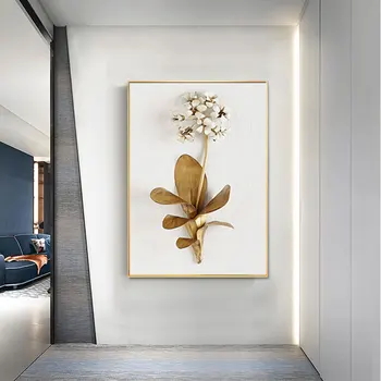 Gyldne Blade og Blomster Lærred Maleri Moderne Wall Billeder til stuen Nordiske Blomst Dekoration Kunst Plakat Billede