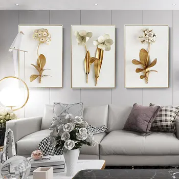 Gyldne Blade og Blomster Lærred Maleri Moderne Wall Billeder til stuen Nordiske Blomst Dekoration Kunst Plakat Billede