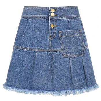 HEYounGIRL Casual Høj Talje Plisserede Jeans Nederdel Kvinder Sommeren Vintage Bomuld Korte Mini-Nederdele koreansk Mode Y2K 90'erne Streetwear