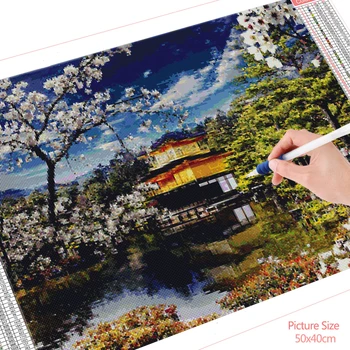 HUACAN Diamant Maleri Japansk Bygning, Landskab 5D Embroidery Mosaik Cherry Blossom Væg Kunst Hjem Kunst