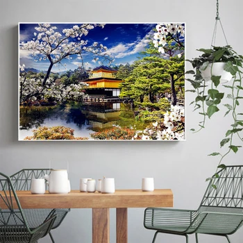 HUACAN Diamant Maleri Japansk Bygning, Landskab 5D Embroidery Mosaik Cherry Blossom Væg Kunst Hjem Kunst