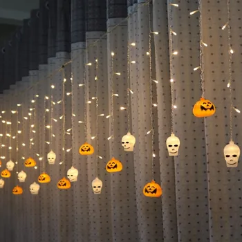 Halloween Dekoration Led-Lys Skull Pumpkin LED Curtain String Lys 3D Halloween Ghost Lanterne Fest Home Party Indretning og DIY
