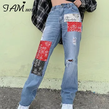 Harajuku Baggy Patchwork Rippet Straight Jeans Kvinder y2k Vintage Baggy Høj Talje Mødre Denim Bukser Streetwear Bukser Iamhotty