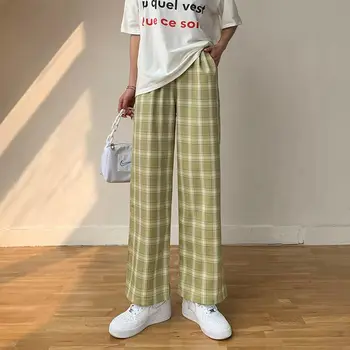 Harajuku Plaid Bukser Kvinder Oversize Bred Ben Bukser Kvindelige Koreanske Stil Med Høj Talje Ternet Pyjamas 2021 Forår, Sommer
