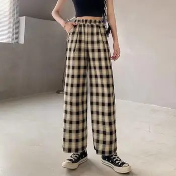 Harajuku Plaid Bukser Kvinder Oversize Bred Ben Bukser Kvindelige Koreanske Stil Med Høj Talje Ternet Pyjamas 2021 Forår, Sommer