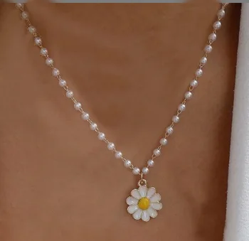 HebeDeer Ins Pearl Kæde Choker Chrysanthemum Kravebenet Kæde Kreative Hvid Marguerit Halskæde Til Kvinder, Smykker, Kæder