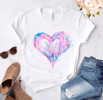 Hjerte Blomster Print Ladies T-Shirt Afslappet Grundlag O-Krave Hvid Shirt Kort Ærme Elsker Grafisk