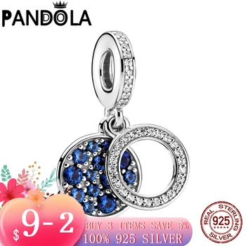 Hot 925 Sterling SØLV charms Mousserende Blå Skive Double Heart Charms passer Oprindelige Pandora Armbånd sølv 925 smykker