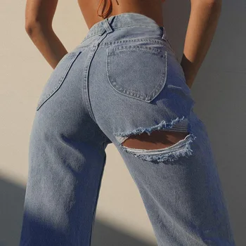 Hule Lige Høj Bukser 2021 Kvinder Casual Huller Sexet Vintage Jeans Denim Løs Streetwear Sommer Mode Bukser