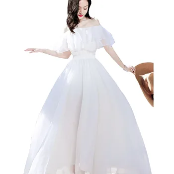 Hvide Vintage kjole dame 2019 Sommeren nye Chiffon Løs Fra Skulder lang kjole Boheme Cascading Flæsekanter lang kjole kvinder