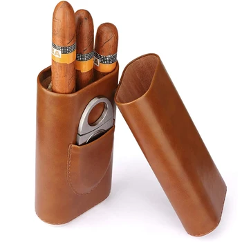 Høj Kvalitet, 3-Finger Humidorer Bærbare Cigar Kasse Brun Cigar læderetui med Cigar Cutter