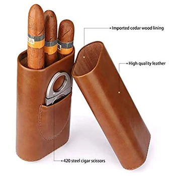 Høj Kvalitet, 3-Finger Humidorer Bærbare Cigar Kasse Brun Cigar læderetui med Cigar Cutter