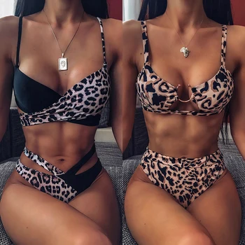 Høj Talje Badetøj, Bikinier Kvinder Push Up Badeshorts Leopard Rem Badedragt Biquini Brazilian Bikini 2021 Nye Badetøj