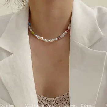 INS koreanske Uregelmæssig Perle Farverige Liuli Blomster Perle Halskæde til Kvinder Sommerferie Party Smykker HUANZHI 2021 NYE Trendy