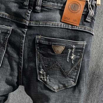 Italiensk Vintage Mode Mænd Jeans Retro Sort / Blå Slim Fit Slidte Jeans Elastisk Bomuld Hip Hop Designer Ødelagt Denim Bukser