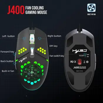 J400 Fan Makro Programmering Kablede Hul Gaming Mouse Anti-skid Roller 8000DPI Justerbar Ergonomisk Design Ventilator Mus
