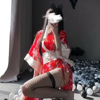 Japansk Kimono, Sexet Cosplay Tøj Til Kvinder, Traditionel Stil Robe Yukata Kostumer Pyjamas Blød Silke Bælte 3stk Sæt Sort Rød